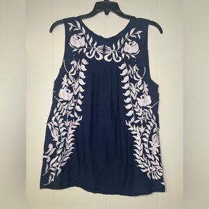 Embroidered Sleeveless Top - Blue and White Vintage Lucky Brand